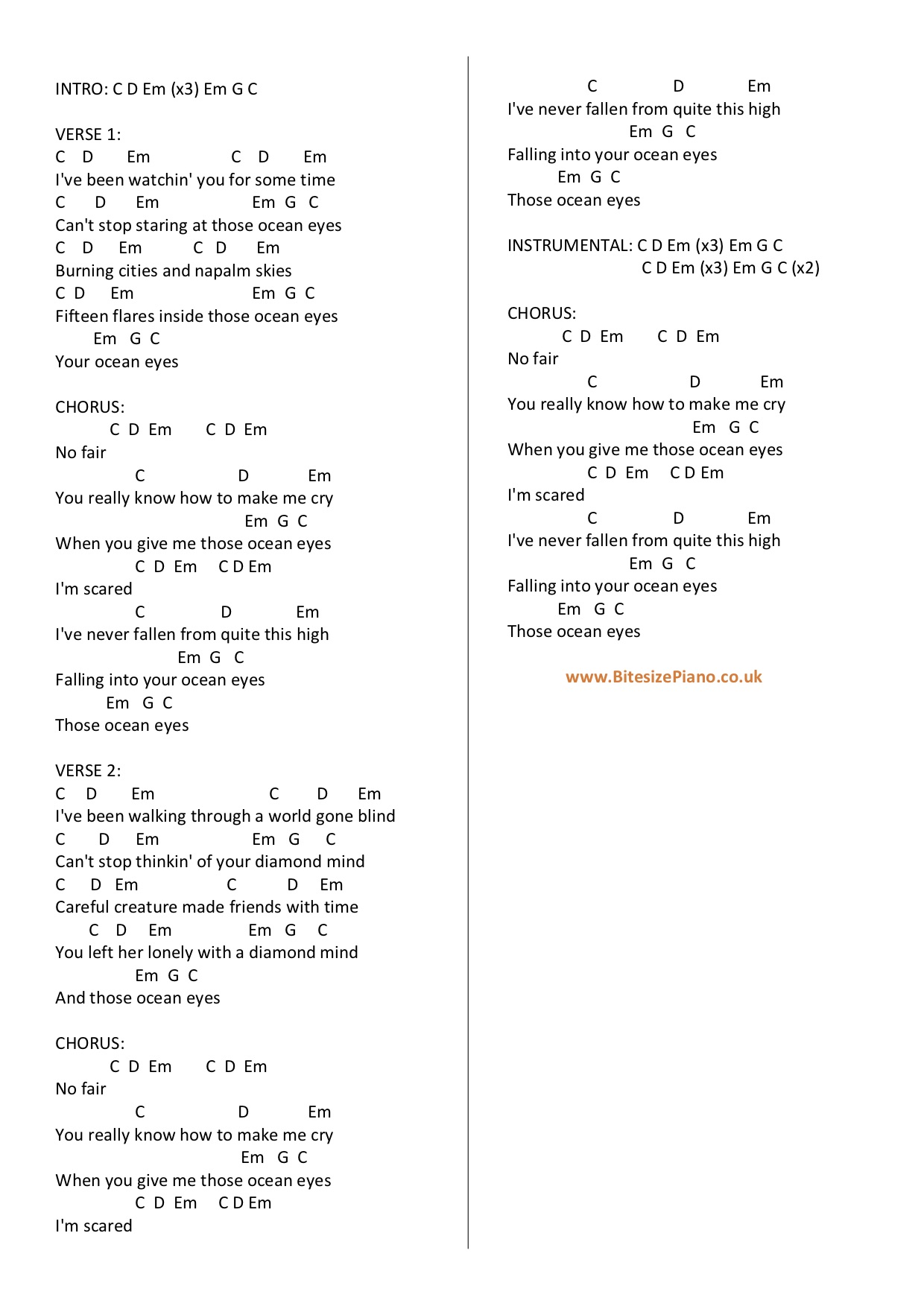 OCEAN EYES BILLIE EILISH PIANO CHORDS & Lyrics Bitesize Piano
