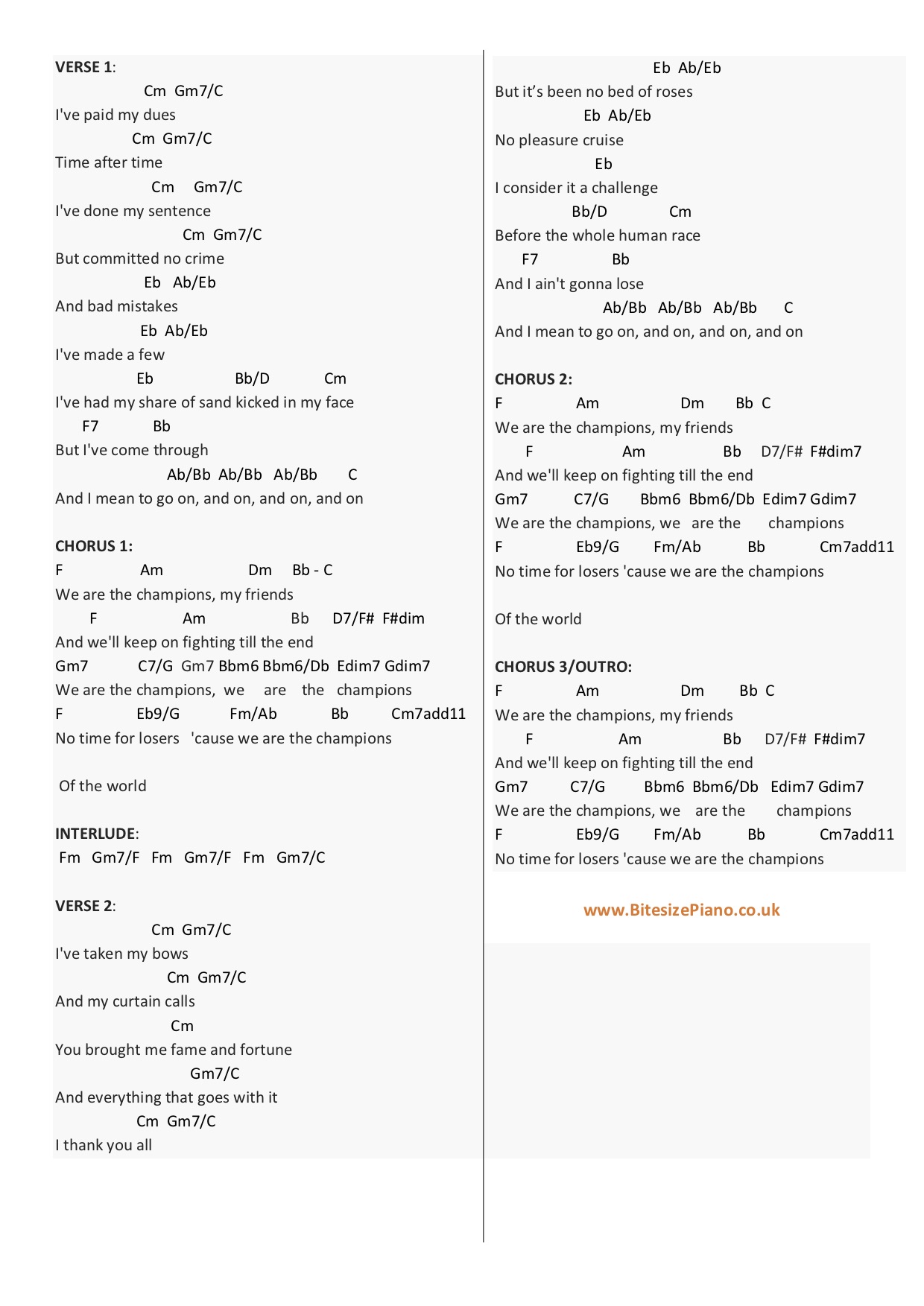 WE ARE THE CHAMPIONS QUEEN PIANO CHORDS & Lyrics Bitesize Piano