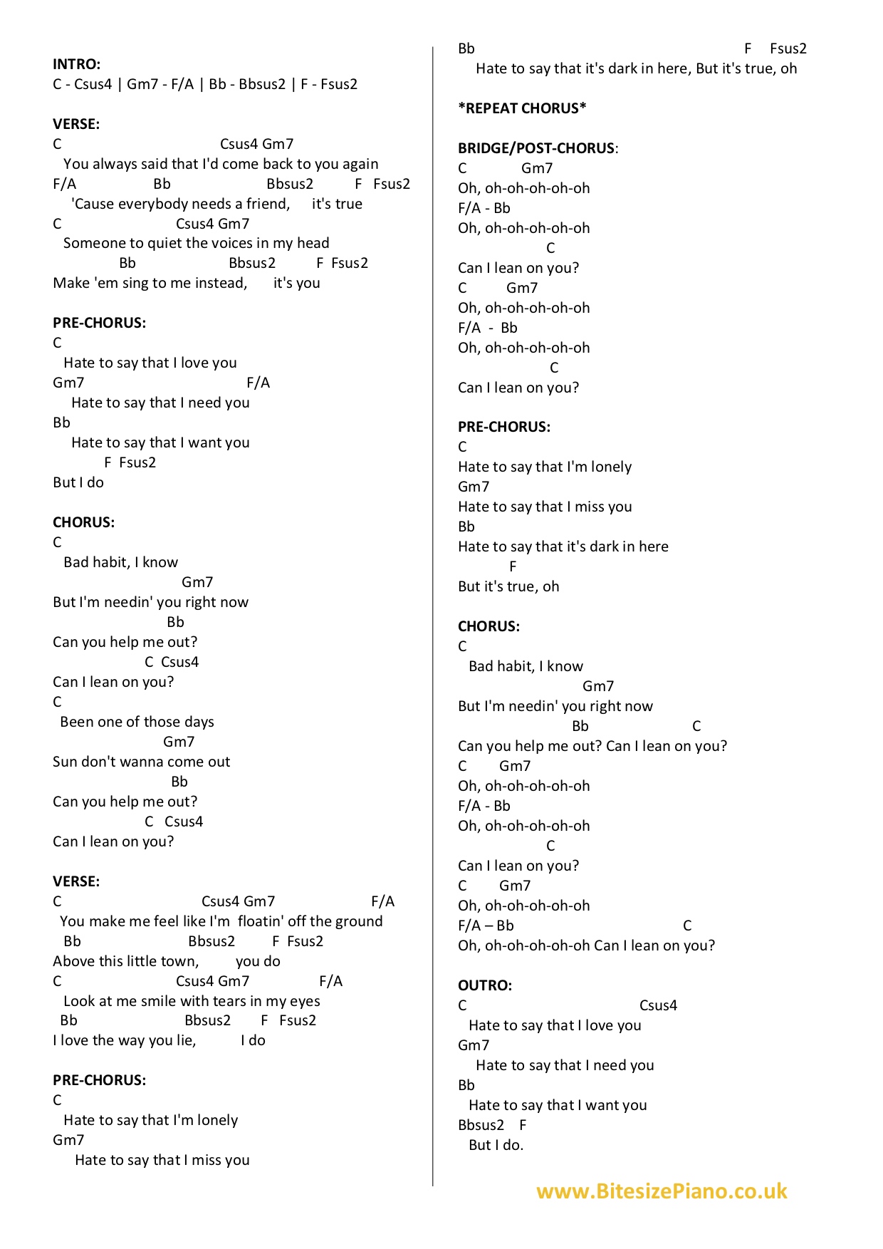 BAD HABIT BEN PLATT PIANO CHORDS Lyrics Bitesize Piano