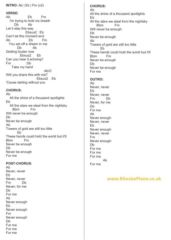 NEVER ENOUGH THE GREATEST SHOWMAN PIANO CHORDS & Lyrics Bitesize Piano
