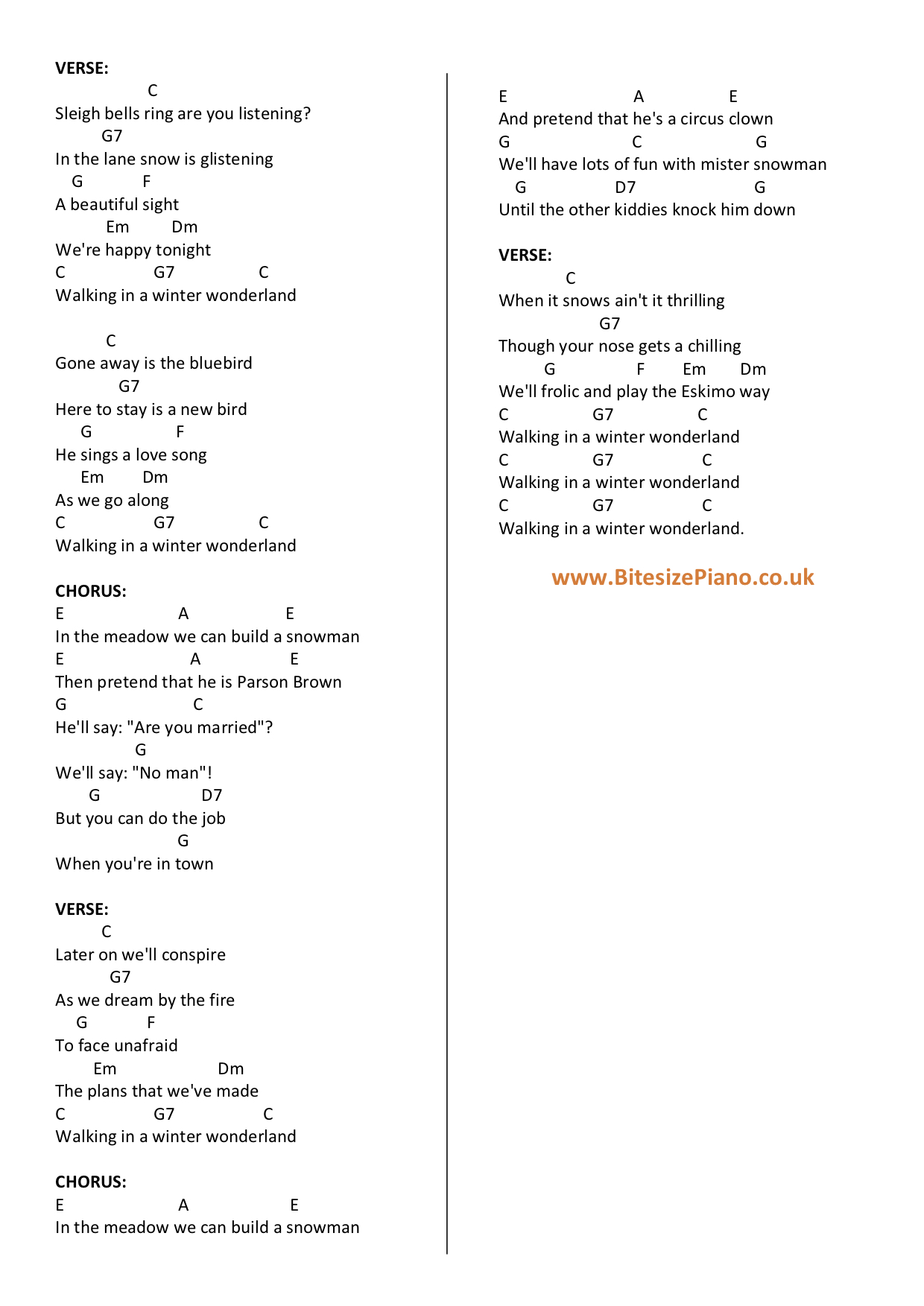 WINTER WONDERLAND PIANO CHORDS & Lyrics – Bitesize Piano