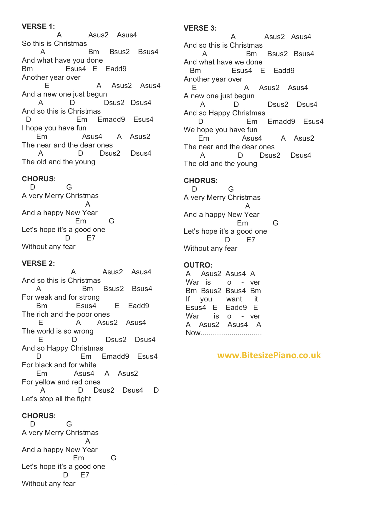 HAPPY XMAS (WAR IS OVER) JOHN LENNON PIANO CHORDS & Lyrics Bitesize