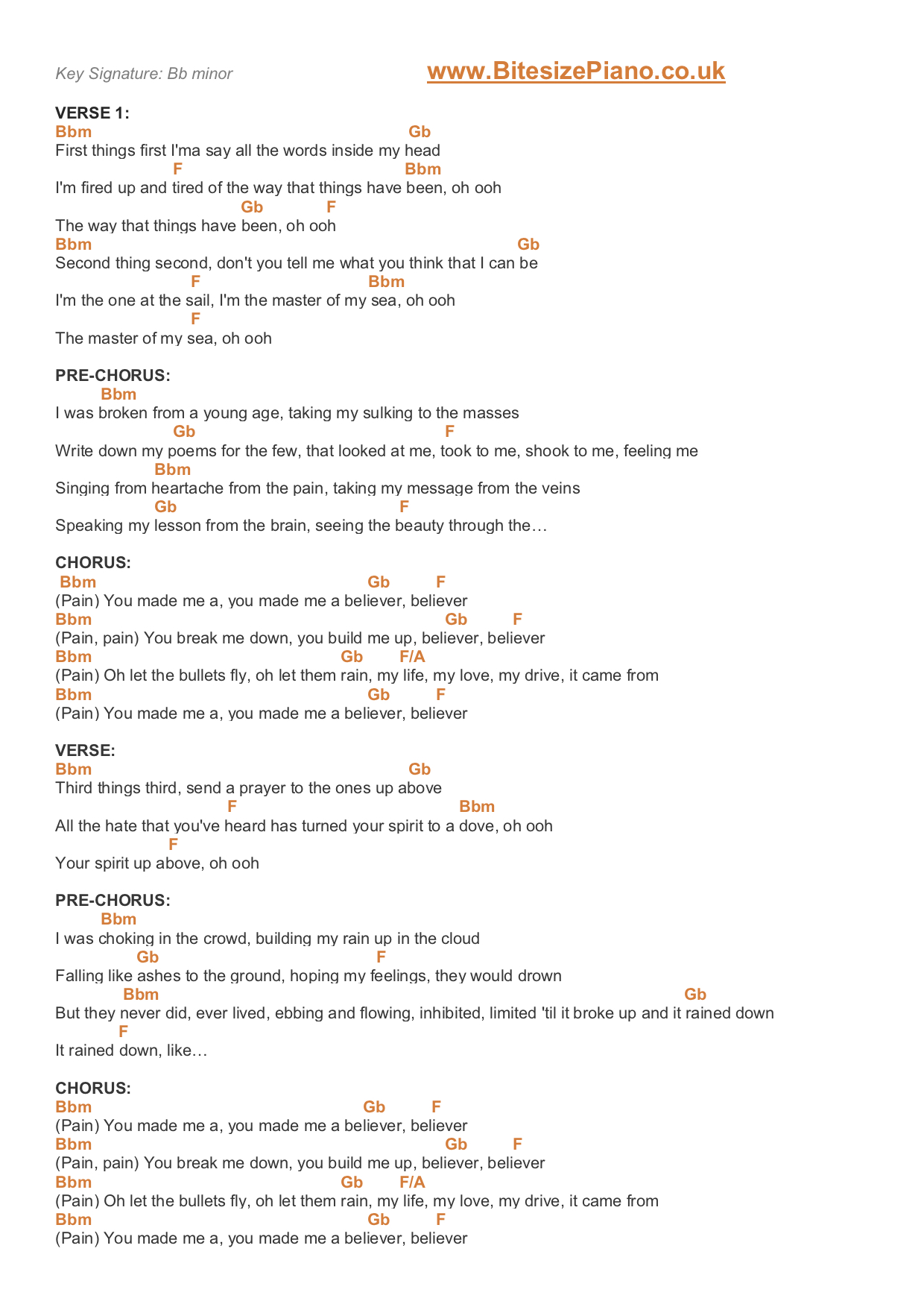BELIEVER IMAGINE DRAGONS PIANO CHORDS & Lyrics Bitesize Piano