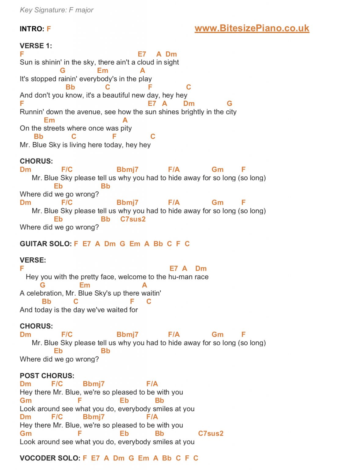 MR BLUE SKY ELECTRIC LIGHT ORCHESTRA PIANO CHORDS & Lyrics Bitesize