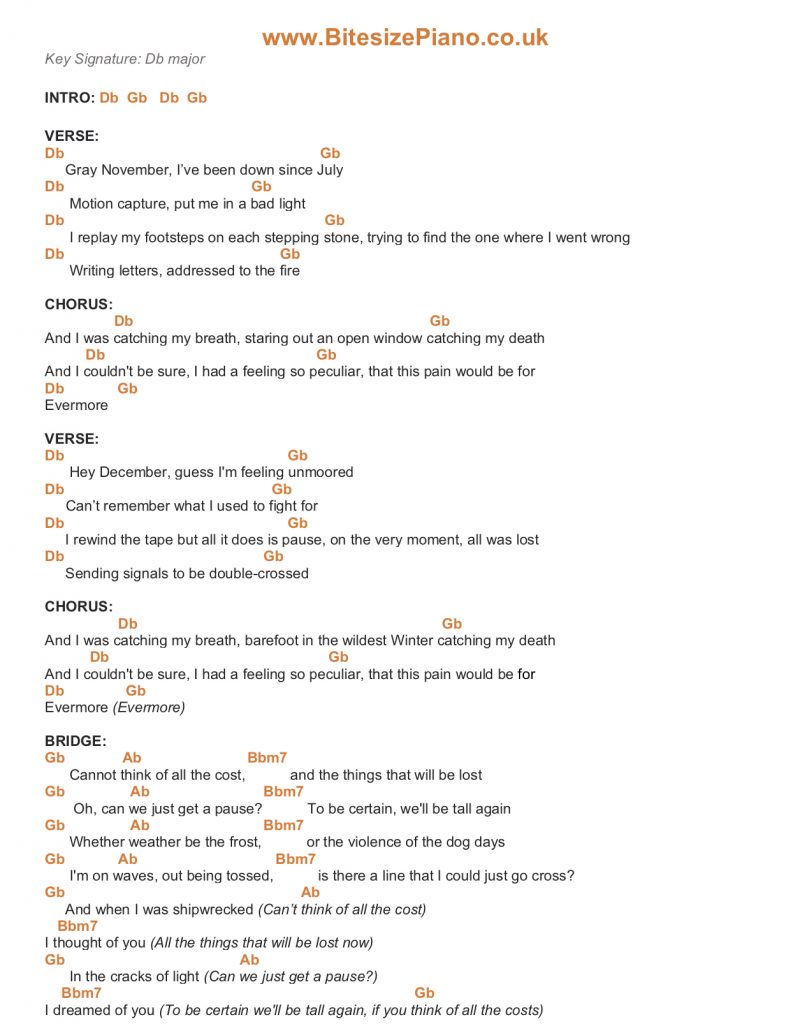 EVERMORE TAYLOR SWIFT BON IVER PIANO CHORDS Lyrics Bitesize Piano
