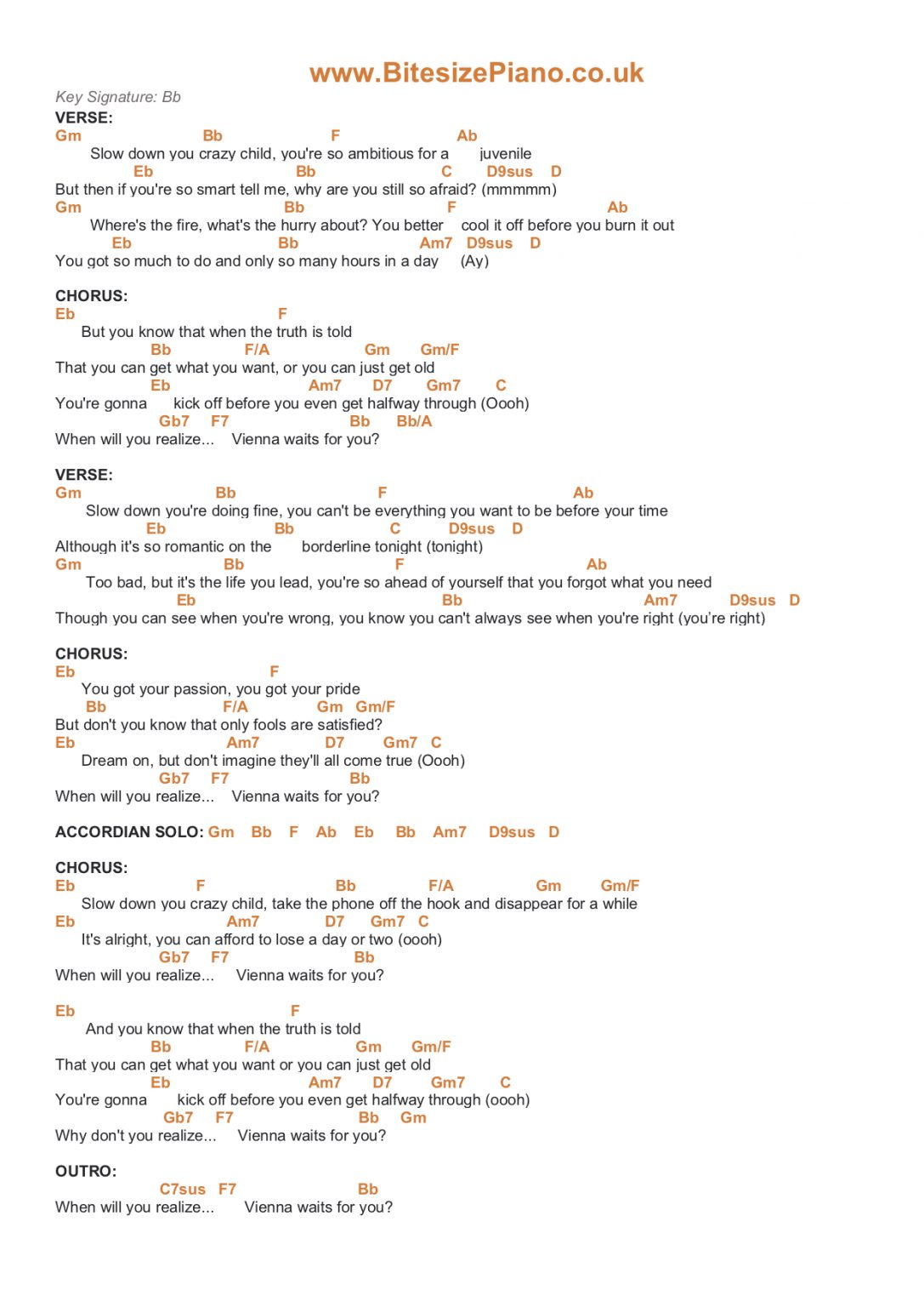 VIENNA BILLY JOEL PIANO CHORDS &