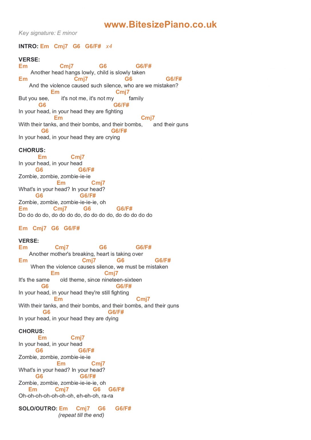 ZOMBIE THE CRANBERRIES PIANO CHORDS & Lyrics Bitesize Piano