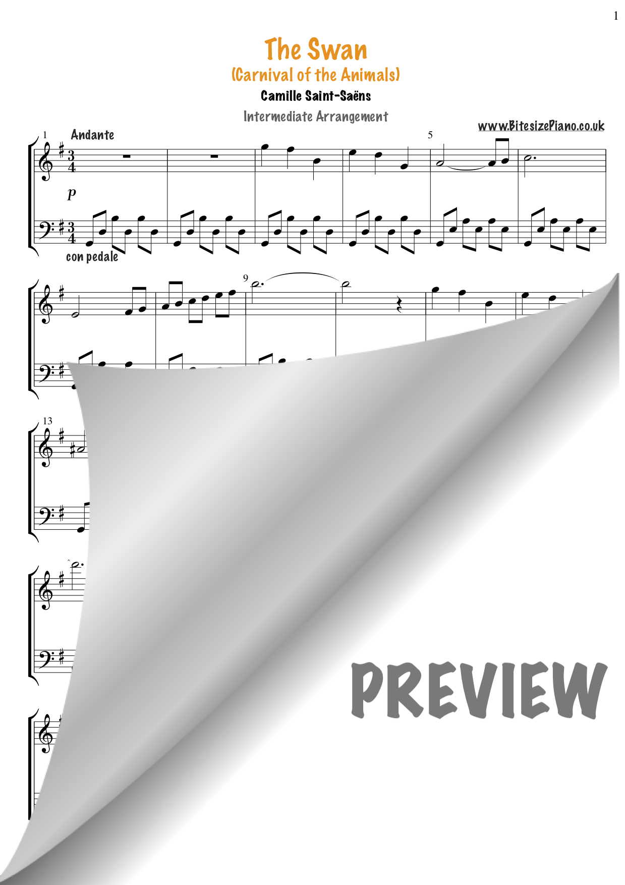 The Swan – Camille Saint-Saëns Piano Sheet Music – Bitesize Piano