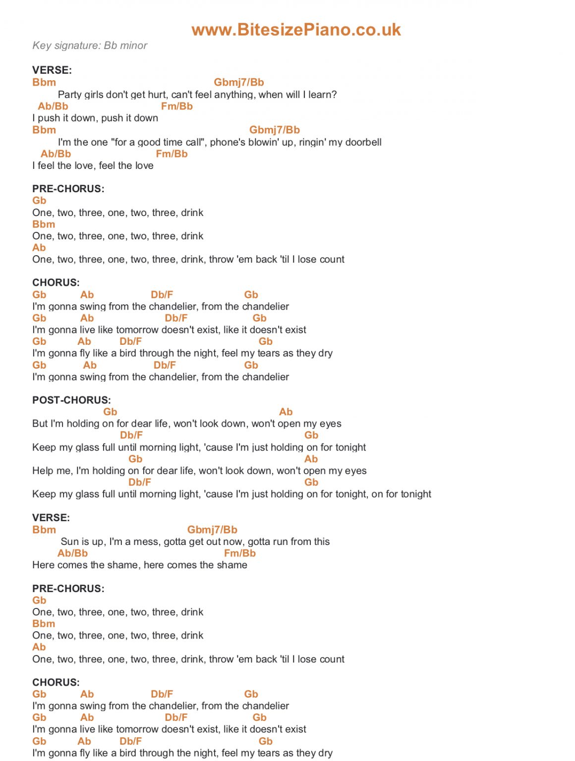 CHANDELIER SIA PIANO CHORDS & Lyrics Bitesize Piano