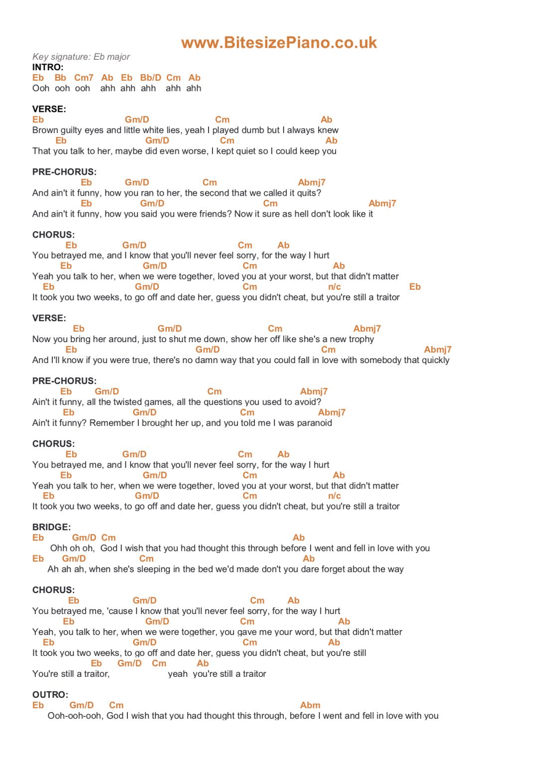 TRAITOR OLIVIA RODRIGO PIANO CHORDS & Lyrics Bitesize Piano