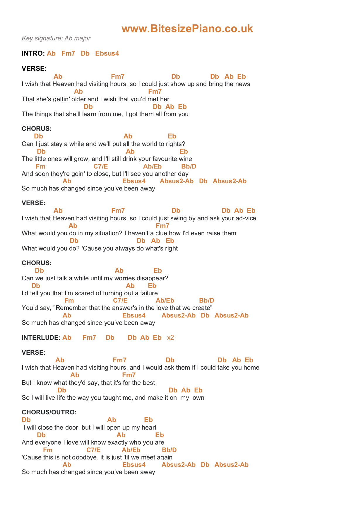 VISITING HOURS ED SHEERAN PIANO CHORDS & Lyrics Bitesize Piano