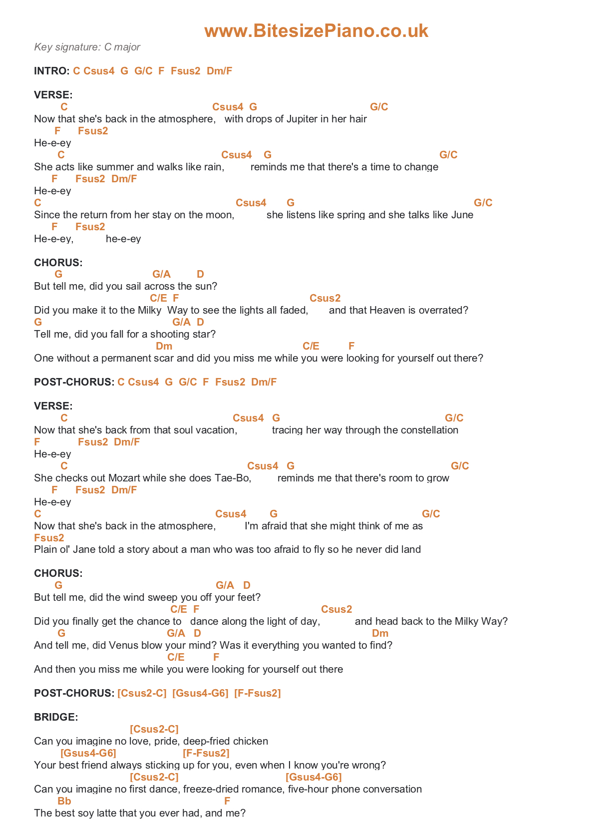 DROPS OF JUPITER TRAIN PIANO CHORDS & Lyrics Bitesize Piano