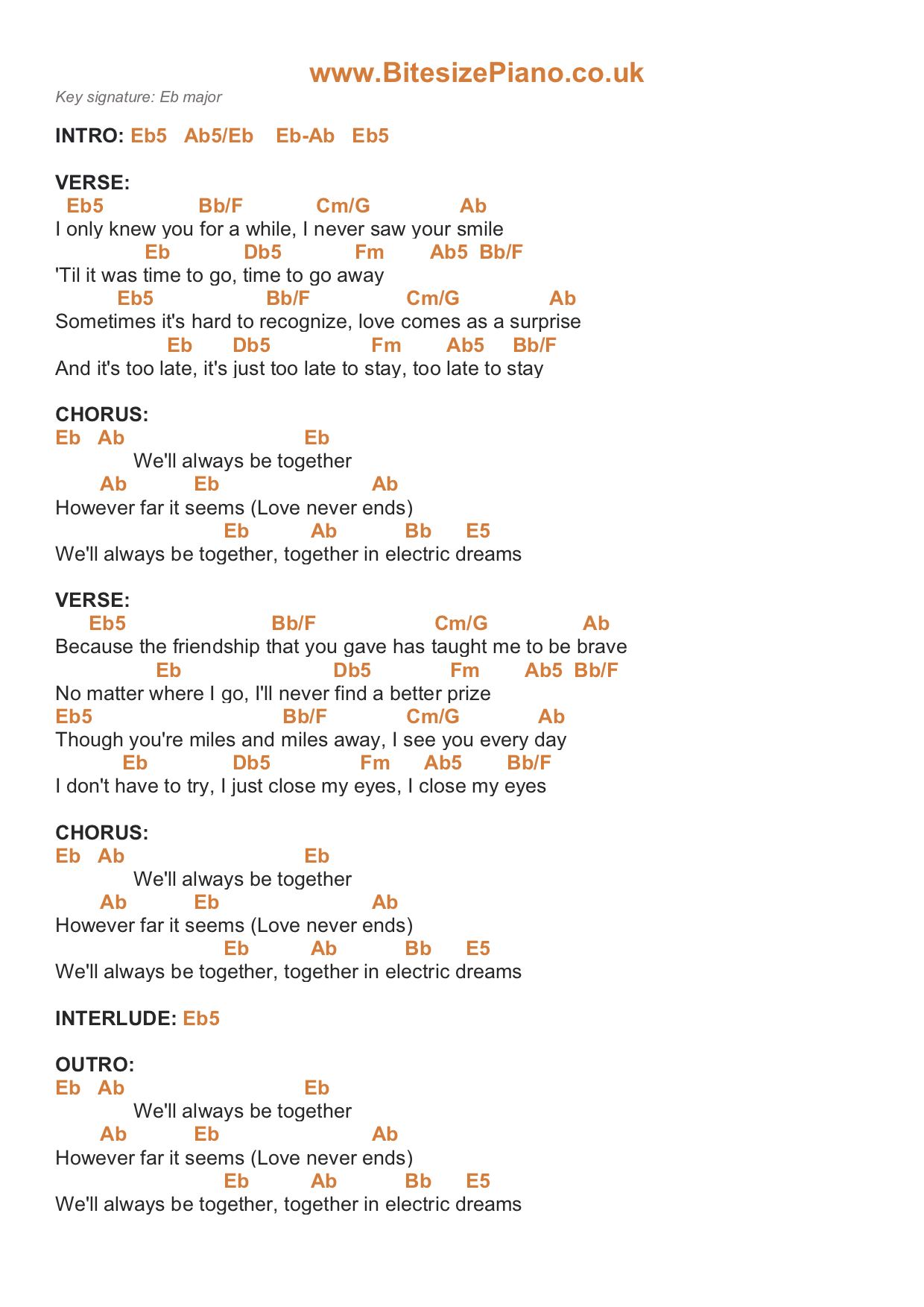 TOGETHER IN ELECTRIC DREAMS LOLA YOUNG PIANO CHORDS & Lyrics