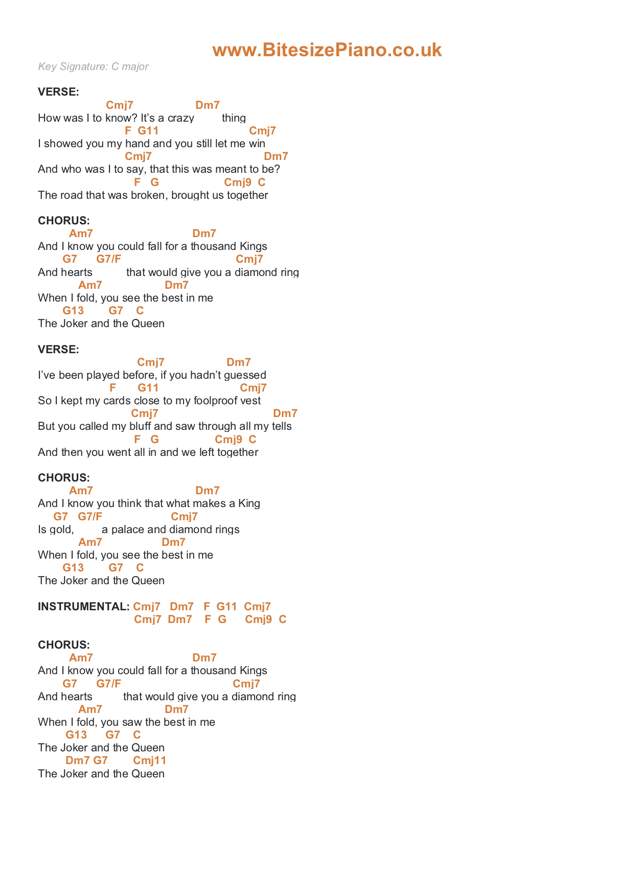 THE JOKER AND THE QUEEN ED SHEERAN PIANO CHORDS & Lyrics Bitesize Piano