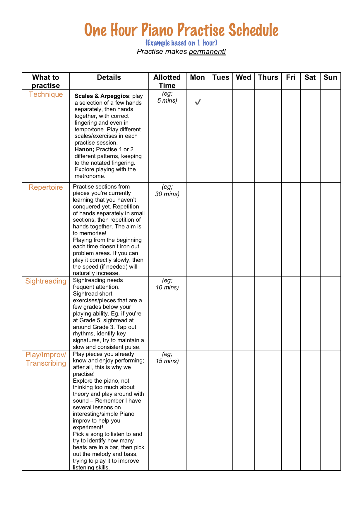 Piano Practise Schedule Template – Bitesize Piano
