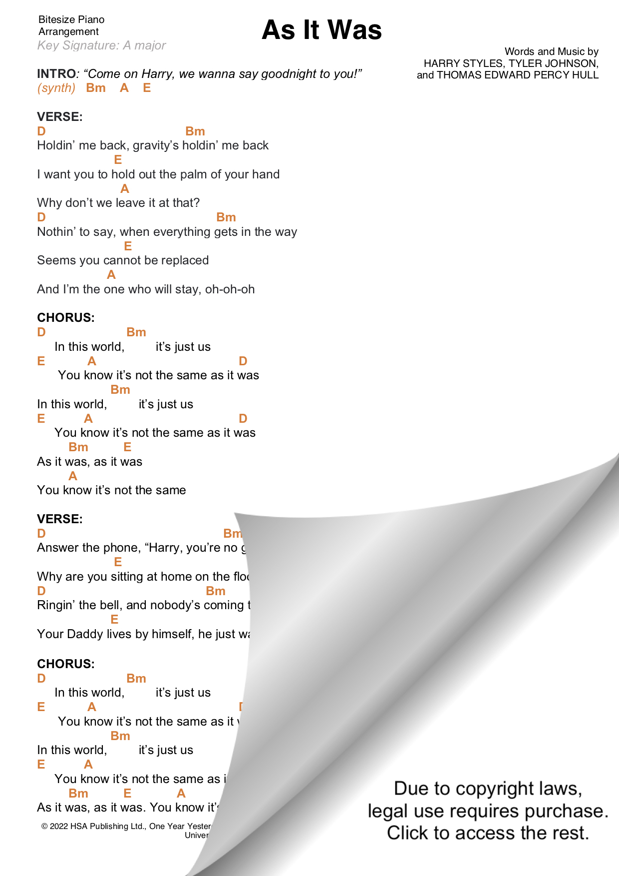 AS IT WAS – HARRY STYLES PIANO CHORDS …