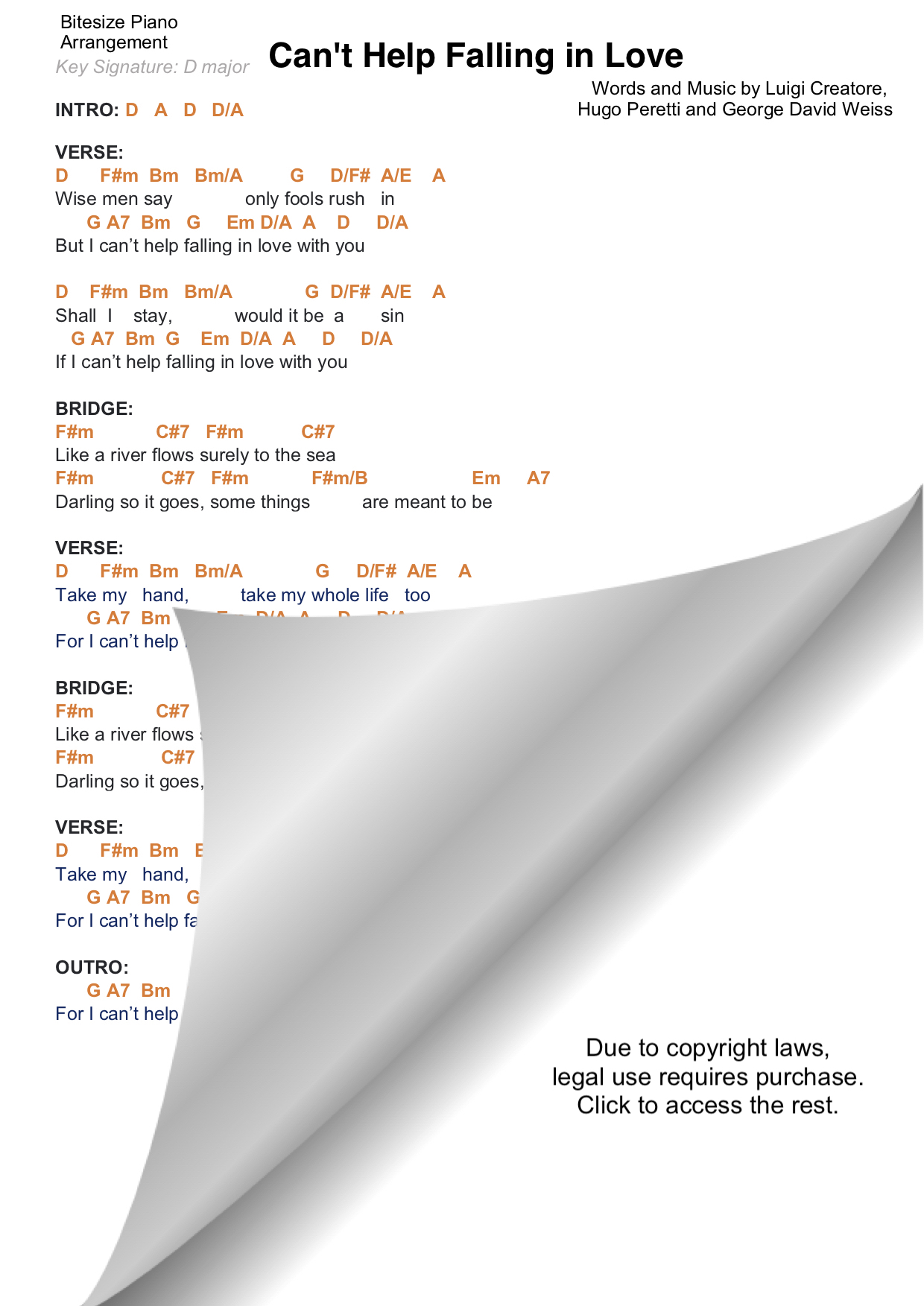 CAN’T HELP FALLING IN LOVE ELVIS PRESLEY PIANO CHORDS & Lyrics Bitesize Piano