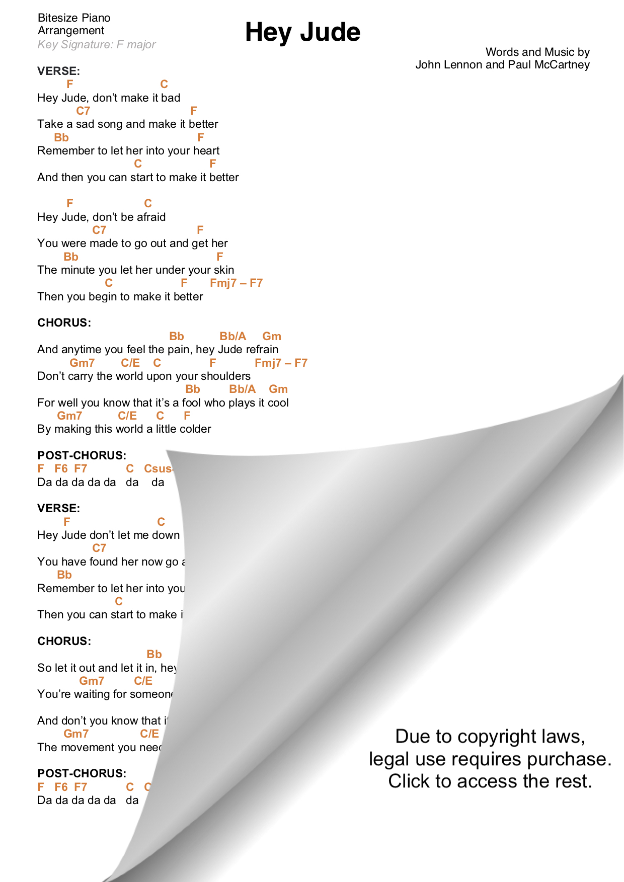 HEY JUDE THE BEATLES PIANO CHORDS & Lyrics Bitesize Piano