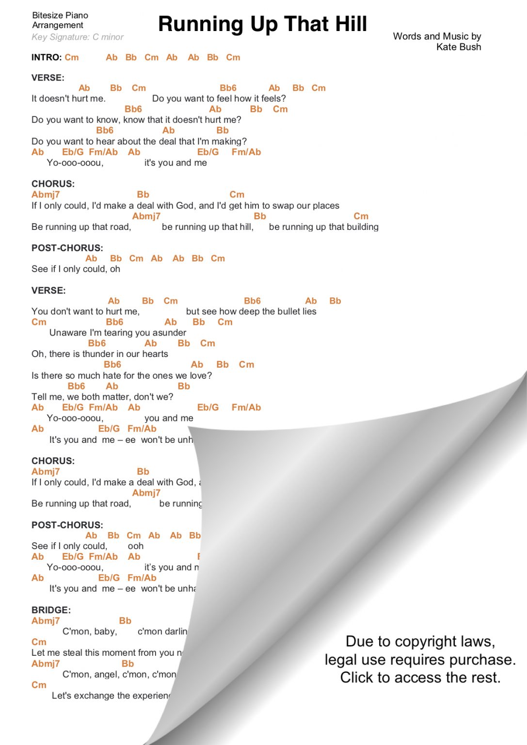 RUNNING UP THAT HILL KATE BUSH PIANO CHORDS & Lyrics Bitesize Piano