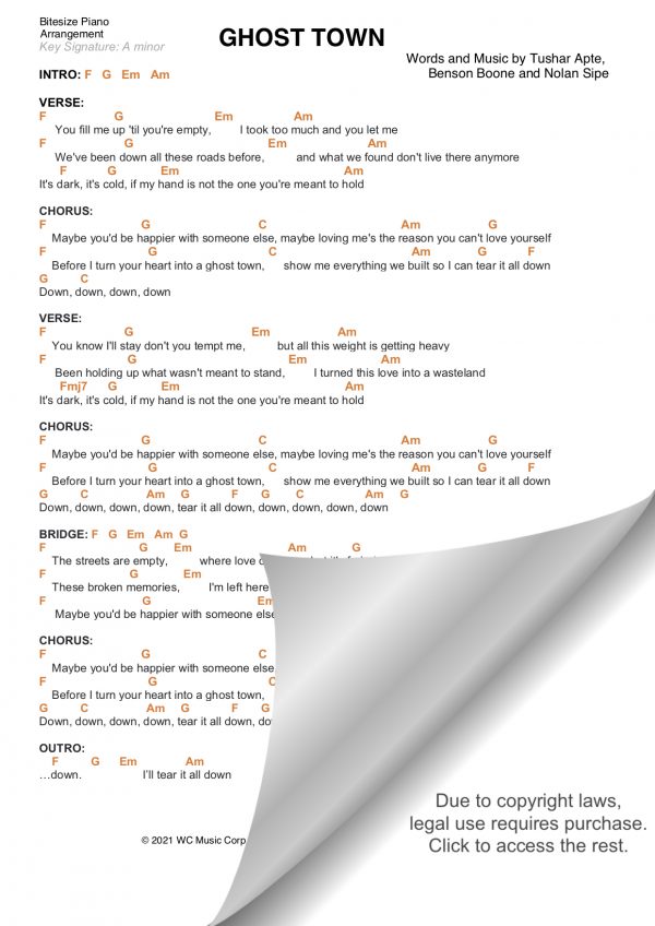 GHOST TOWN BENSON BOONE PIANO CHORDS & Lyrics Bitesize Piano