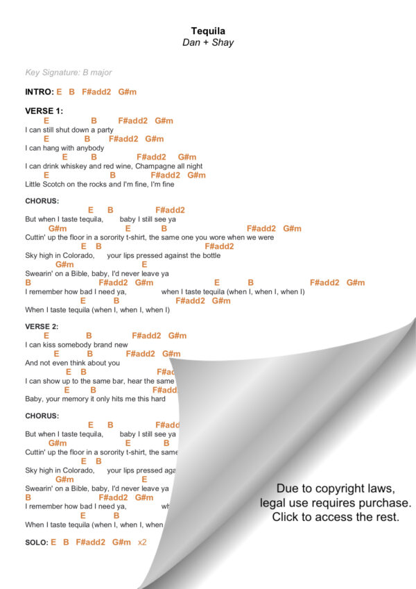 TEQUILA DAN+SHAY PIANO CHORDS & Lyrics Bitesize Piano