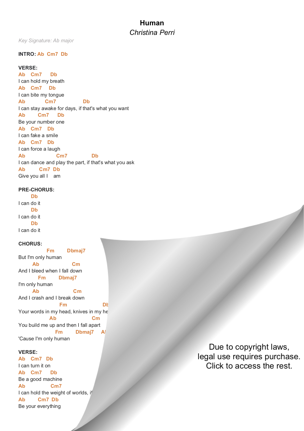 HUMAN – CHRISTINA PERRI PIANO CHORDS & Lyrics – Bitesize Piano